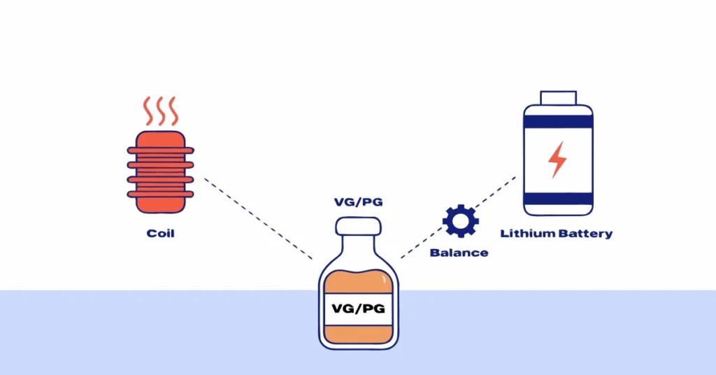 Illustration of three core e-cigarette components: a metal coil heating element, a glass bottle of e-liquid with VG/PG label, and a rechargeable battery – for e-cigarette basics guide.