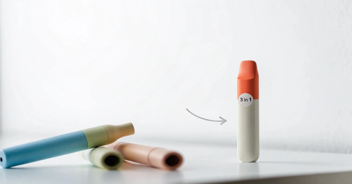 Illustration comparing a single multi-flavor disposable vape against several single-flavor devices, highlighting convenience and flavor variety – for article on replacing multiple vapes.