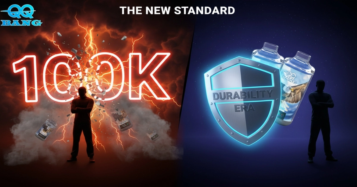 Dramatic split illustration showing a cracked "100K" neon sign on the left versus a glowing durability shield with a disposable vape on the right, symbolizing Europe's shift from puff count hype to long-term stability in vaping.