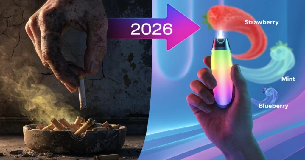 Split comparison image: left side shows a dirty ashtray with traditional cigarette butts and yellow smoke; right side shows a sleek rainbow-colored disposable vape with clean vapor. Symbolizing e-cigarettes vs traditional cigarettes in 2026.