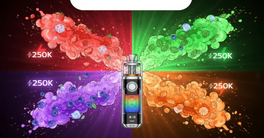 Bang King 250K 4-in-1 rechargeable vape device emitting four colorful flavor clouds (strawberry red, mint green, blueberry purple, candy orange) with glowing "250K" text and charging icon in the background.