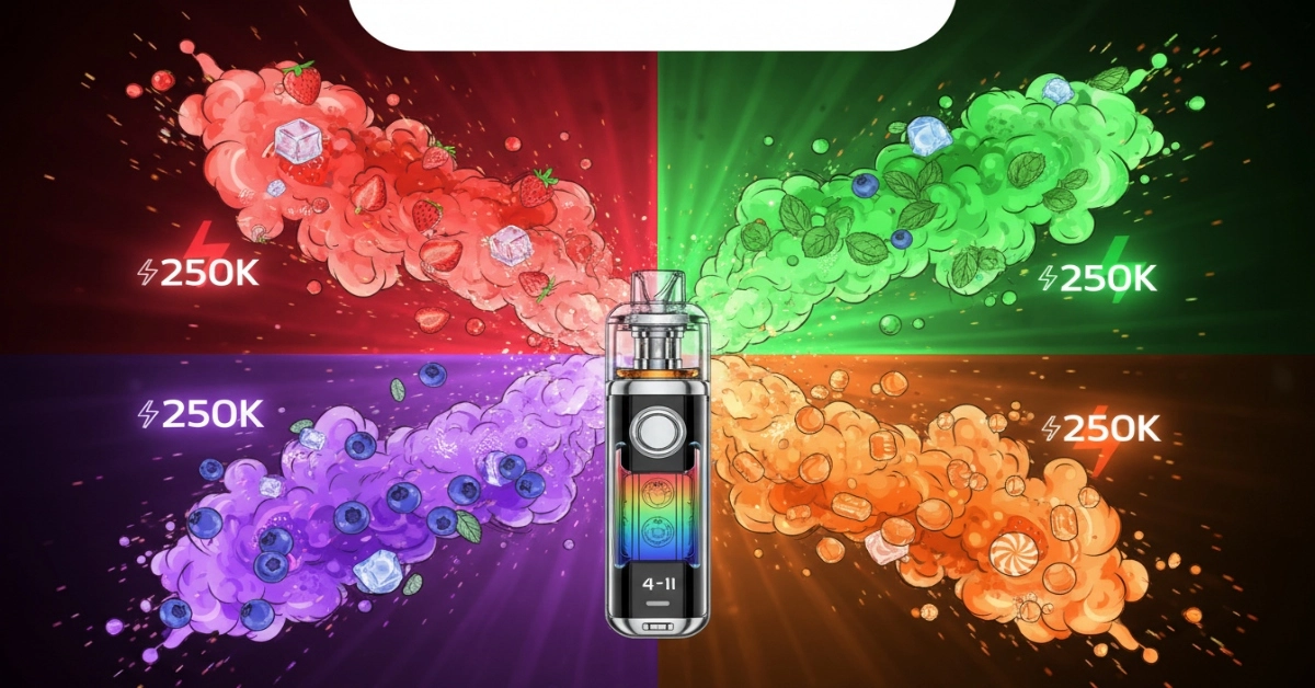 Bang King 250K 4-in-1 rechargeable vape device emitting four colorful flavor clouds (strawberry red, mint green, blueberry purple, candy orange) with glowing "250K" text and charging icon in the background.
