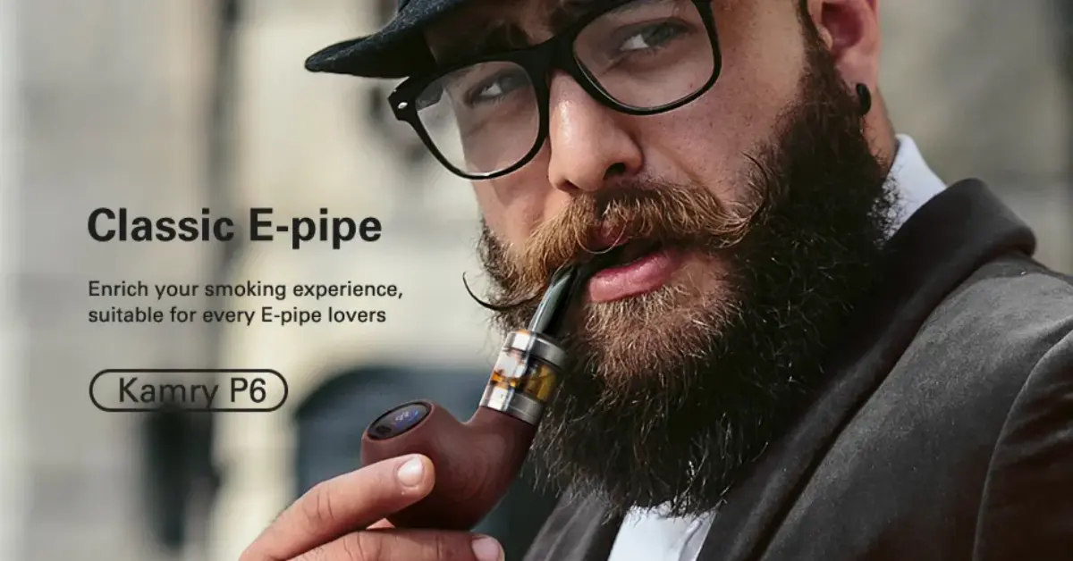 Kamry P6 classical e-pipe review – wooden body with long drip tip, retro style vape on dark wooden surface, 1400mAh battery and adjustable airflow design