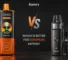 Comparison of disposable vape (OKSO 70000 puffs) and refillable pod system (Kamry) on a grey background