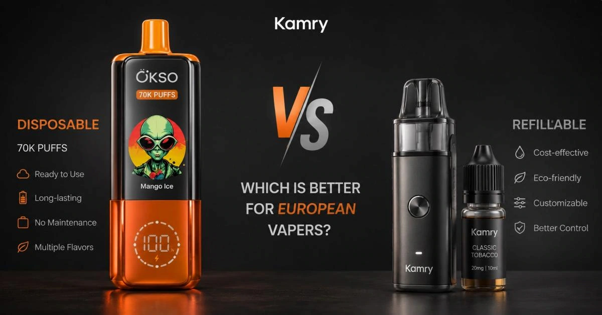 Comparison of disposable vape (OKSO 70000 puffs) and refillable pod system (Kamry) on a grey background