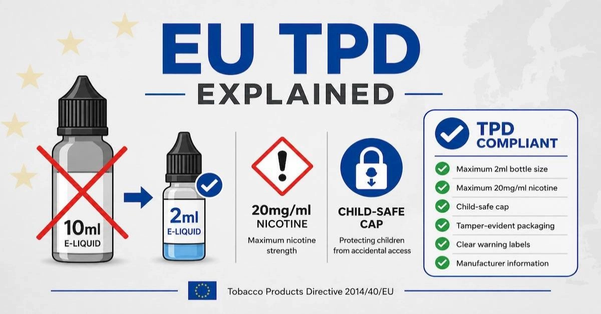 TPD regulations Europe infographic showing 2ml tank limit and 20mg nicotine cap