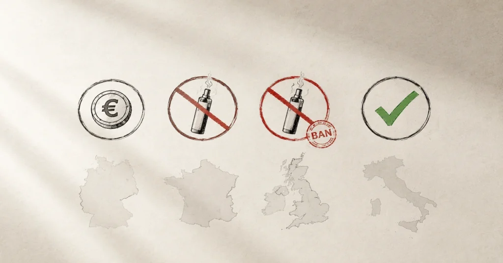 Vaping laws Europe 2026 map showing Germany France UK Italy regulations