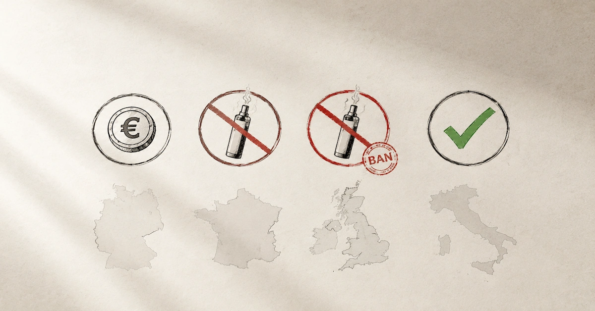Vaping laws Europe 2026 map showing Germany France UK Italy regulations
