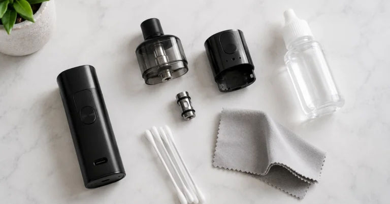 Cleaning a vape device: disassembled pod, coil, and cotton swab on a clean surface