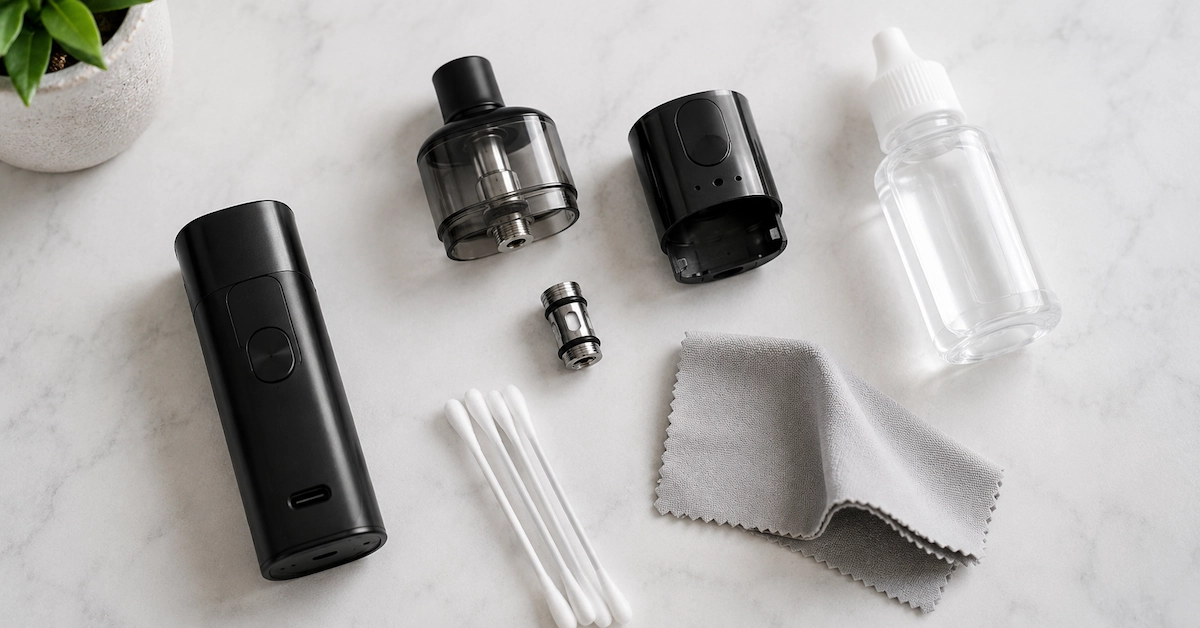 Cleaning a vape device: disassembled pod, coil, and cotton swab on a clean surface