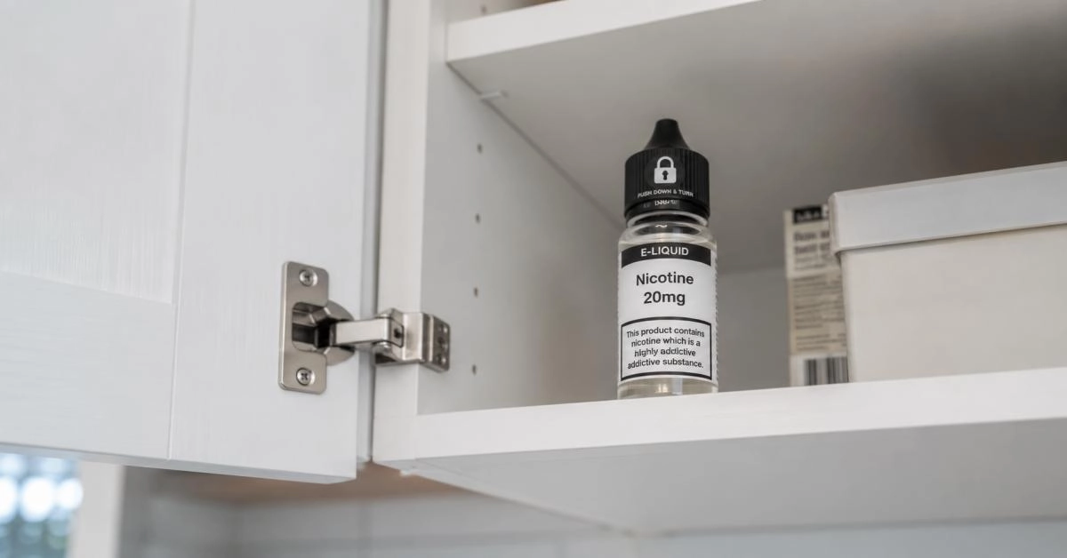Nicotine safety for vapers: child-resistant e-liquid bottle and locked cabinet