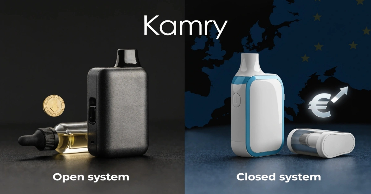 Comparison of open and closed system vape devices – open pod with e-liquid bottle and closed pod with pre-filled cartridge