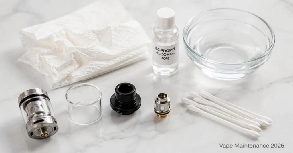 Vape maintenance guide: cleaning tools and disassembled tank parts on white surface