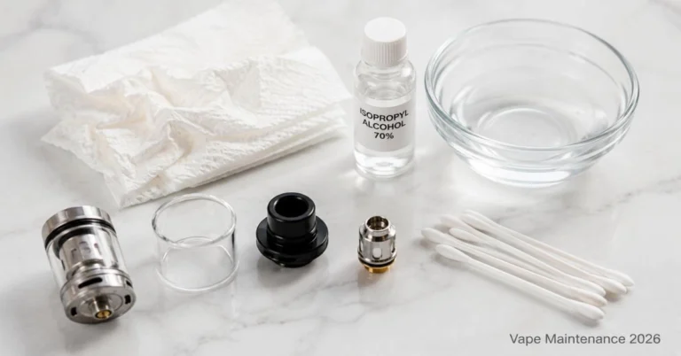 Vape maintenance guide: cleaning tools and disassembled tank parts on white surface