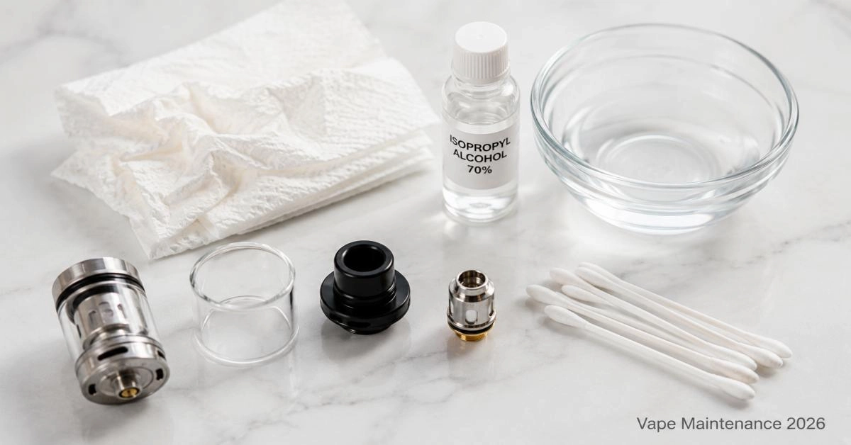 Vape maintenance guide: cleaning tools and disassembled tank parts on white surface